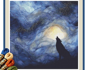 Moonlit Wolf Cross Stitch Pattern PDF, Swirling Blue Sky and Golden Stars