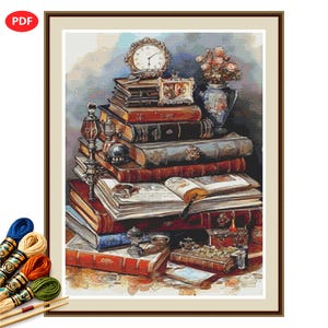 Antique Library Desk Cross Stitch Pattern PDF, Vintage Books and Writing Still Life image 1