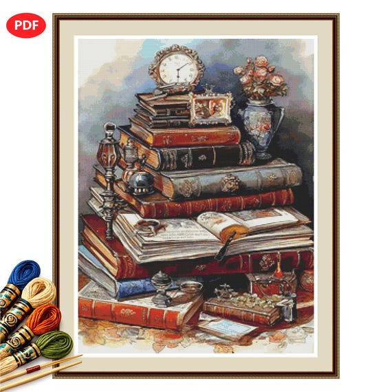 Antique Library Desk Cross Stitch Pattern PDF, Vintage Books and Writing Still Life