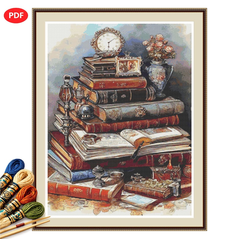 Antique Library Desk Cross Stitch Pattern PDF, Vintage Books and Writing Still Life image 1