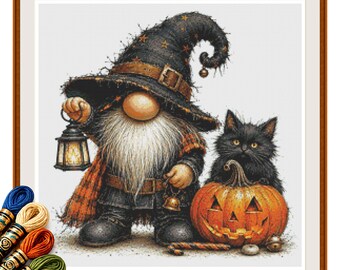 Halloween Gnome Cross Stitch Pattern PDF, Black Cat and Pumpkin