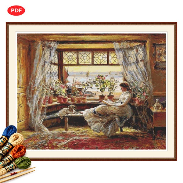 Victorian Reading Nook Cross Stitch Pattern PDF, Cozy Library Room, Floral Window Scene