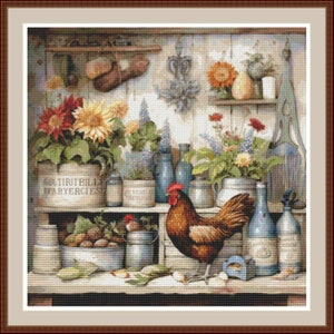 Peut inclure: Une nature morte rustique avec un coq brun debout sur une étagère en bois avec diverses bouteilles en verre bleu, des récipients en métal et des plantes en pot avec des tournesols et d'autres fleurs. L'étagère porte une inscription "DISTRIBUT BILL'S DRY RICE LESS", et l'arrière-plan est un mur blanchi à la chaux.