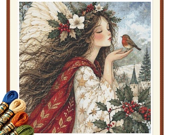 Christmas Angel with Robin Cross Stitch Pattern PDF