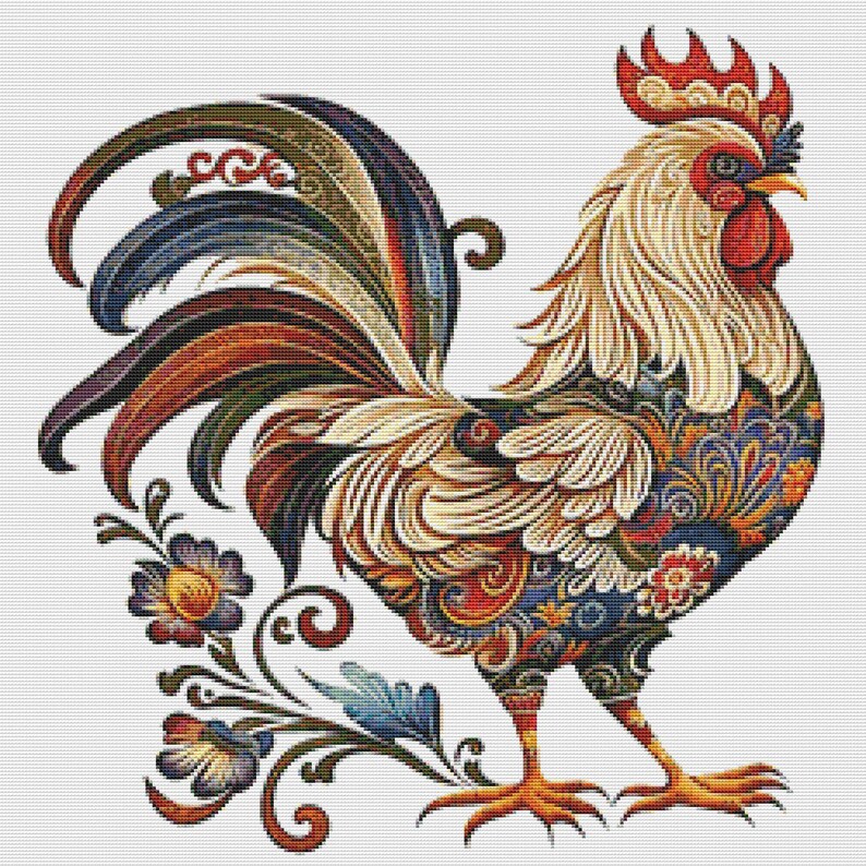 Rooster Patterns Ornate Rooster Cross Stitch Pattern Decorative Chicken Bird Embroidery ...