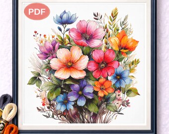 Motif de point de croix en fleurs florales vibrantes, PDF de broderie de fleurs aux couleurs vives, Art botanique en fleurs