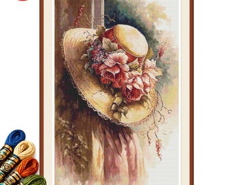 Patrón de punto de cruz en PDF para sombrero floral vintage, decoración romántica de moda victoriana.
