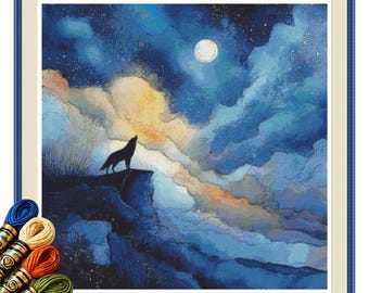 Howling Wolf Cross Stitch Pattern PDF, Starry Blue Sky and Full Moon