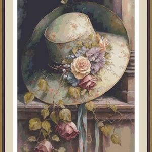Romantic Hat 1 Cross Stitch Pattern PDF, Vintage Roses Bonnet,Elegant Lady Hat Design.