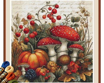 Autumn Amanita Cross Stitch Pattern PDF, Woodland Mushroom Pumpkin, Botanical Fall Decor