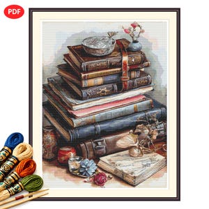 May include: A cross-stitch pattern featuring a stack of antique books, a small bowl, a vase with flowers, and a single open book. The scene includes various colored embroidery threads and needles in the foreground, rendered in a detailed artistic style.