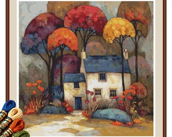 Cottage in the Woods Cross Stitch Pattern PDF Νο4:  Whimsical Forest and House