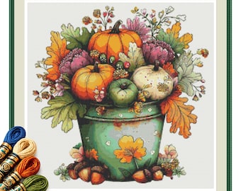 Pumpkin Harvest Pail Cross Stitch Pattern PDF, Rustic Autumn Floral Arrangement