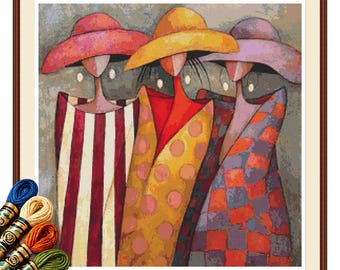 Colorful Fashion Portrait Cross Stitch Pattern PDF, Three Women in Hats