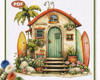 Surf Cottage Cross Stitch Pattern PDF, motif de broderie Beach House Surf Shack