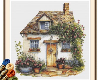 Storybook Cottage Cross Stitch Pattern PDF, Floral Country House, Cottagecore Decor