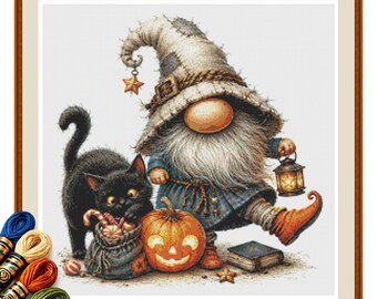 Star Lantern Gnome Cross Stitch Pattern PDF, Black Cat Halloween Scene