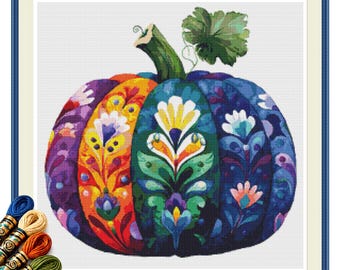 Nordic Folk Pumpkin Cross Stitch Pattern PDF, Scandinavian Autumn Decor