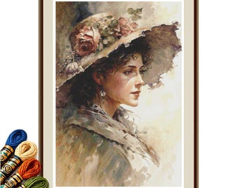 Puede incluir: Un patrón de punto de cruz con el retrato de una persona que lleva un sombrero de ala ancha adornado con rosas rosas. La imagen incluye un juego de hilos de bordar de colores en azul, beige, naranja y verde, junto con dos agujas de madera.