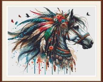 Indian Horse 6 Cross Stitch Pattern:  Native American Feather Horse Embroidery PDF.