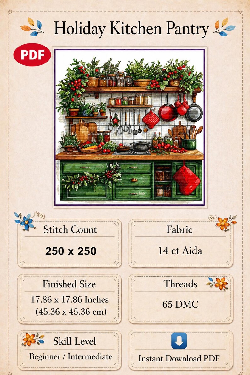 Holiday Kitchen Pantry Cross Stitch Pattern PDF, Christmas Embroidery Chart image 6