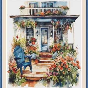 Front Porch 3,  PDF Cross stitch pattern, Floral porch. Colorful flowers, Hand embroidery, Cross stitch chart, PDF pattern, Home decor.