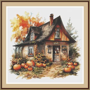 Cottage in Autumn 4.  PDF Cross stitch pattern, Hand embroidery chart, Blooming cottage, Cross stitch pattern, Digital download, PDF chart.
