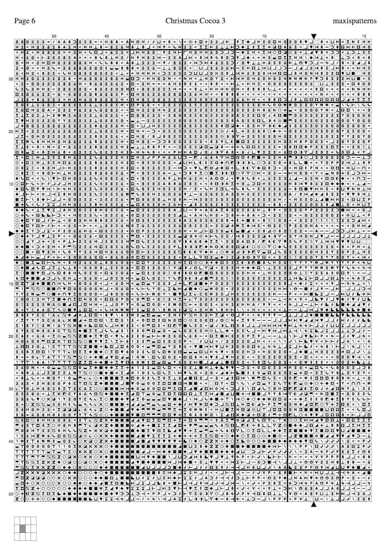 May include: Page 6 of a cross-stitch pattern chart titled "Christmas Cocoa 3." The chart is a grid of squares filled with symbols and colors, designed for needlework. The pattern is complex, with various symbols indicating different stitches.