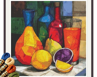 Cubist Decanters Cross Stitch Pattern PDF, Colorful Fruit and Glassware Art