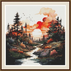 Sunset in the Forest 3. PDF Cross stitch pattern, Landscape, Forest, Sunset, Modern pattern, Hand embroidery, Home decor.