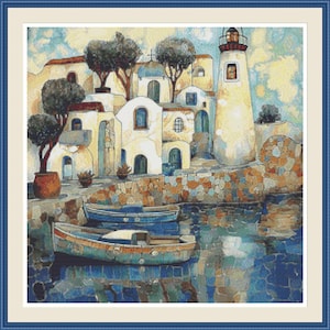 Greek Island 3.  PDF Cross stitch pattern, Greek landscape, Sea and boats, Cross stitch chart, Hand embroidery, Landscape, PDF pattern.