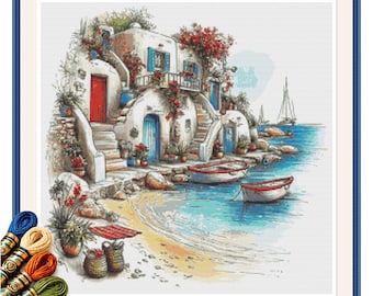Coastal Seaside Retreat kruissteekpatroon pdf, liggende borduurkaart