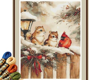 Christmas Woodland Friends Cross Stitch Pattern, Cardinal and Chipmunks PDF, Winter Animals Embroidery