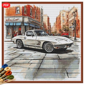 May include: Cross-stitch pattern featuring a classic white sports car parked on a cobblestone street. The scene includes buildings with red brick facades and a blue awning. The artwork is framed with a brown border and includes embroidery floss.