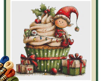 Christmas Elf Cupcake Cross Stitch Pattern PDF, Whimsical Holiday Decor