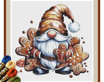 Gingerbread Cookie Gnome Cross Stitch Pattern PDF, Christmas Baking Design