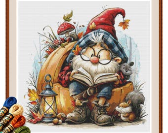 Autumn Reading Gnome Cross Stitch Pattern PDF