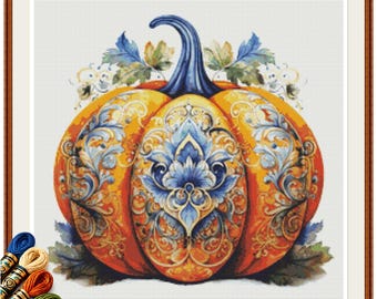 Pumpkin 5 Cross Stitch Pattern, Elegant Blue Ornate Pumpkin Embroidery PDF.