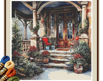 Christmas Porch Cross Stitch Pattern PDF, Festive Holiday Entrance