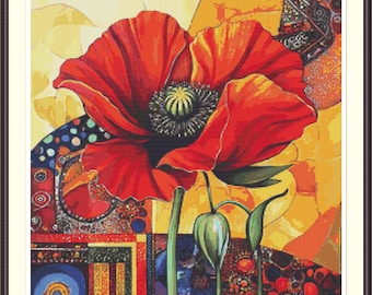 Poppies 1 Cross Stitch Pattern PDF – Red Poppy Floral Embroidery Modern Art Design.