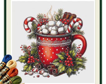 Christmas Cocoa Mug Cross Stitch Pattern PDF, Candy Canes Marshmallows and Holly