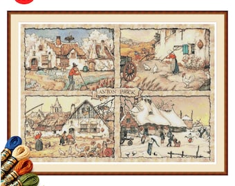 Four Seasons Cross Stitch Pattern PDF, Vintage Village Cottage Landscape Folk Art