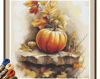 Rustic Harvest Pumpkin Cross Stitch Pattern PDF, Thanksgiving Farmhouse Decor