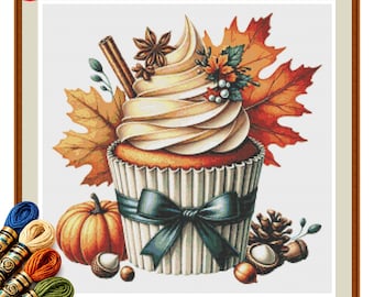 Autumn Cupcake Cross Stitch Pattern PDF, Teal Ribbon Pumpkin Decor, Fall Embroidery