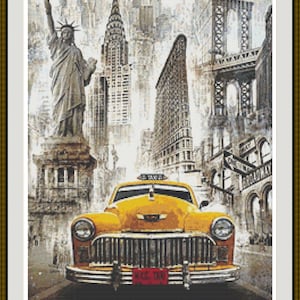 Puede incluir: Un taxi amarillo vintage conduciendo a través de un collage de monumentos emblemáticos de la ciudad de Nueva York, incluyendo la Estatua de la Libertad, el edificio Chrysler y el puente de Brooklyn.