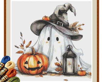 Halloween Ghost Cross Stitch Pattern PDF, Witch Hat, Pumpkin and Lantern