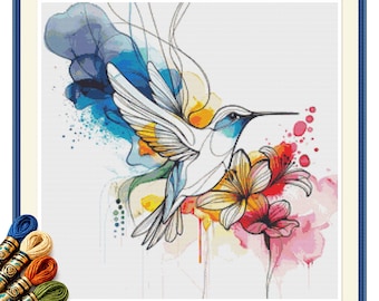 Watercolor Hummingbird Floral Cross Stitch Pattern PDF, Embroidery Chart