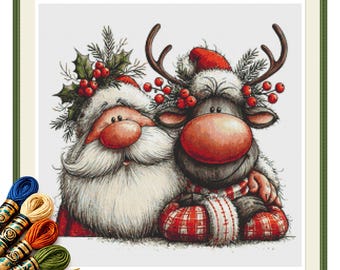 Santa and Reindeer Friends Cross Stitch Pattern, Christmas PDF Download