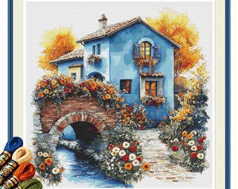 Blue Cottage Stone Bridge Cross Stitch Pattern PDF