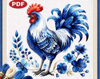 Modèle scandinave de point de croix de coq - Broderie florale bleue de poulet PDF